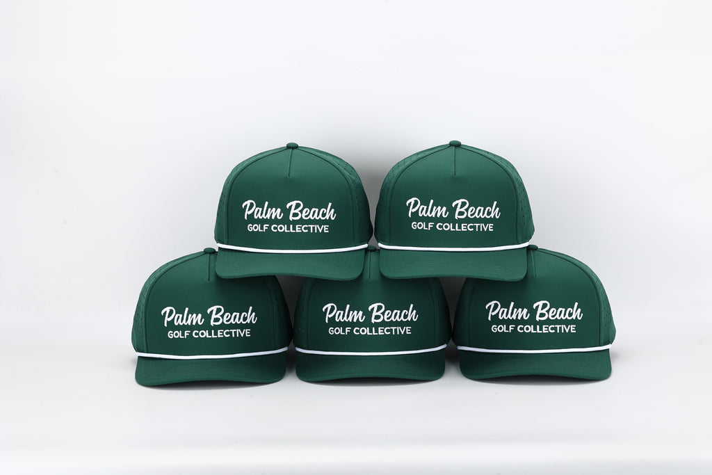 Five green caps with 'Palm Beach Golf Collective' text on a white background