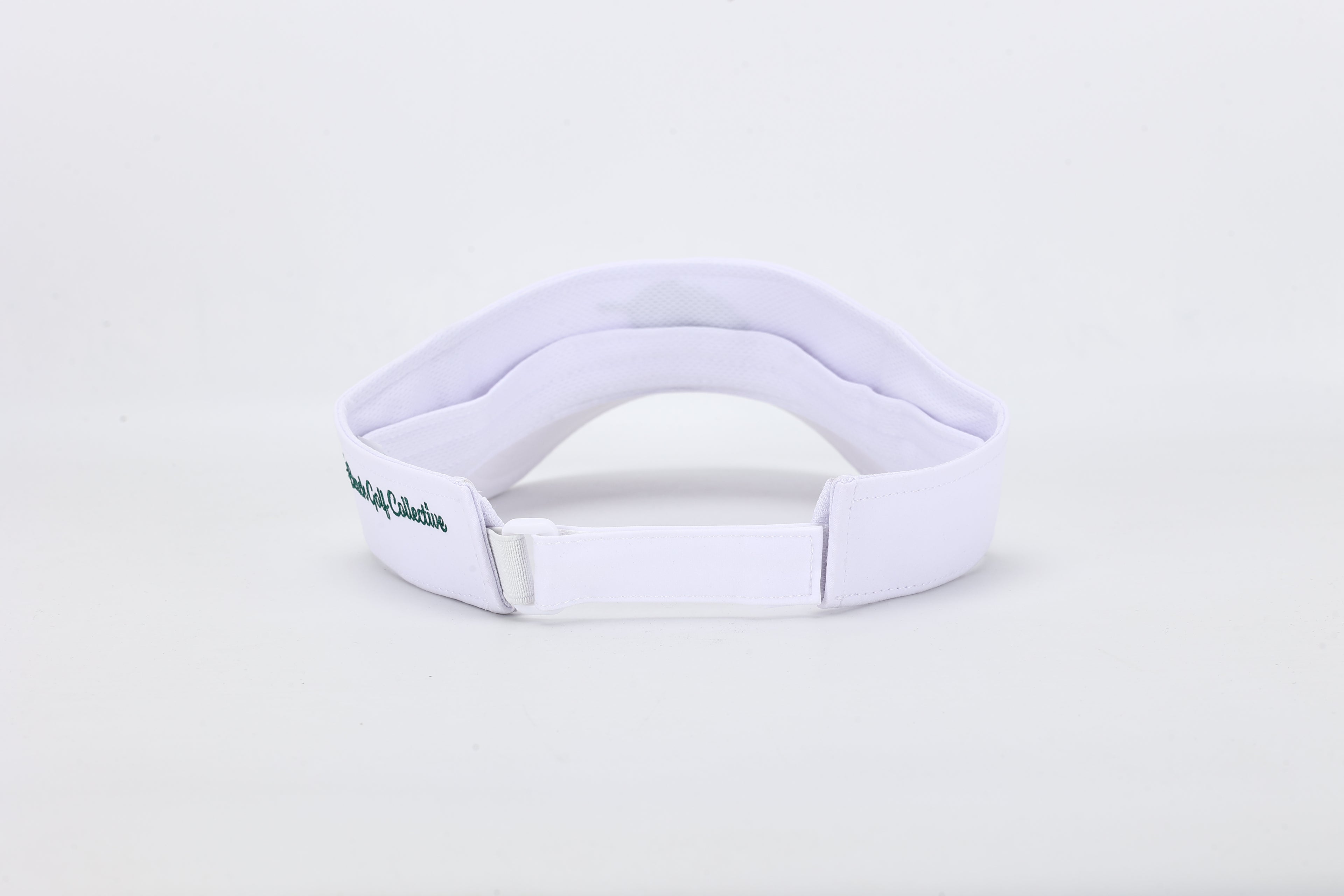 White visor with a brand logo on a light gray background
