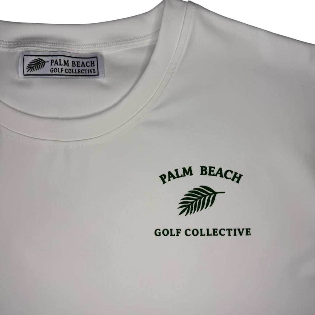 White t-shirt with 'Palm Beach Golf Collective' logo on a white background