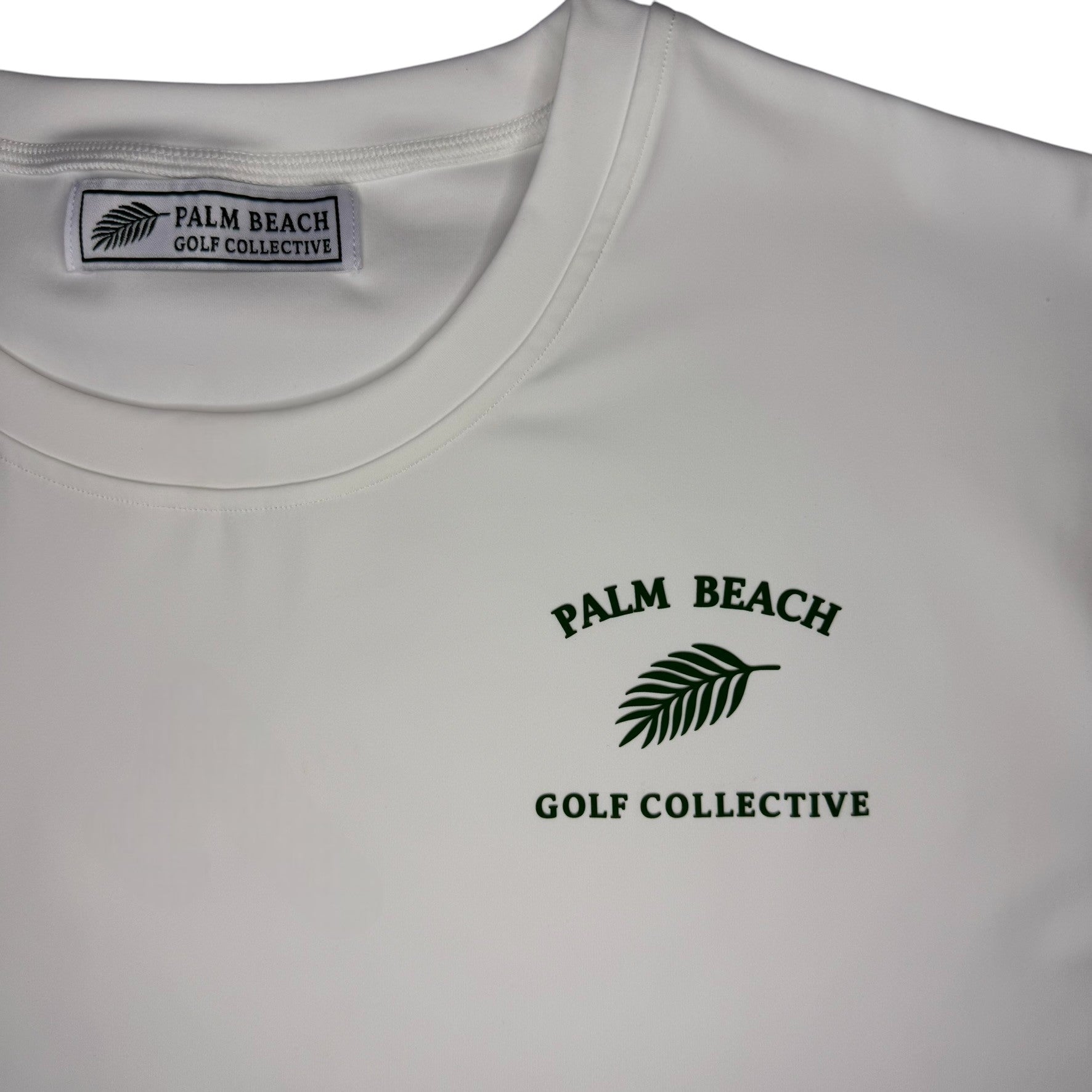 White t-shirt with 'Palm Beach Golf Collective' logo on a white background