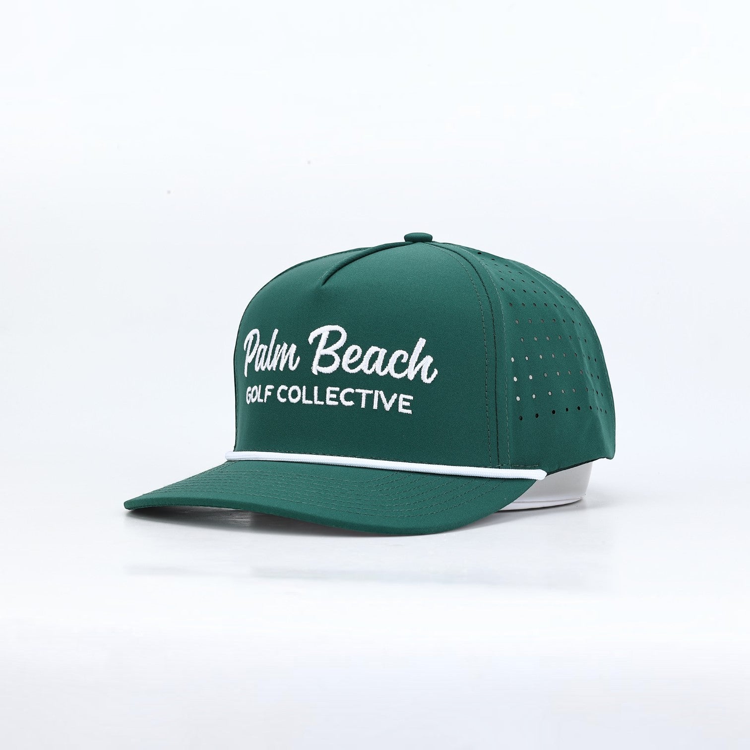 PBGC The Fairway Rope Hat in deep green with white rope detail and white embroidered logo on a structured golf cap.