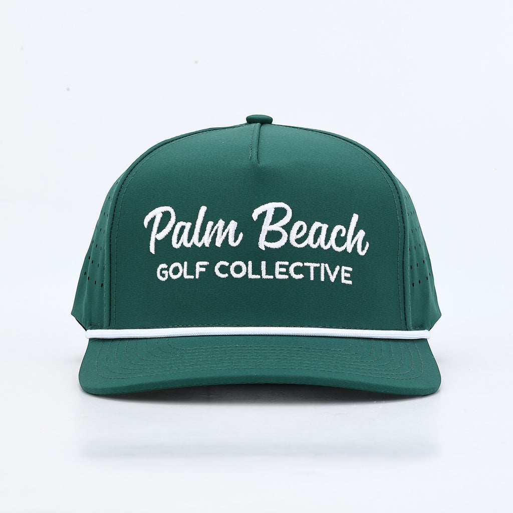 PBGC deep green golf hat with white rope trim and white embroidered Palm Beach Golf Collective logo on front