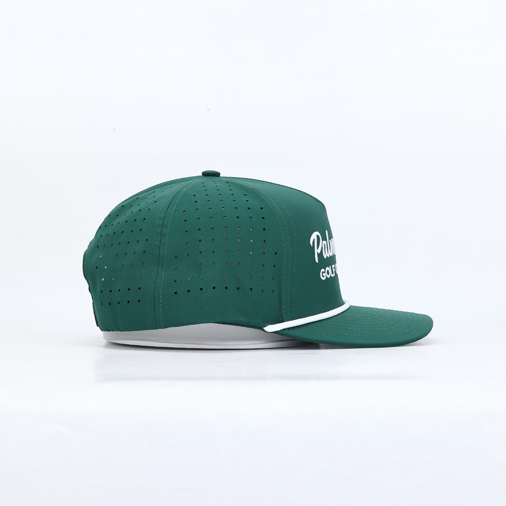 PBGC deep green performance golf hat with white rope detail and side ventilation holes, side profile view.