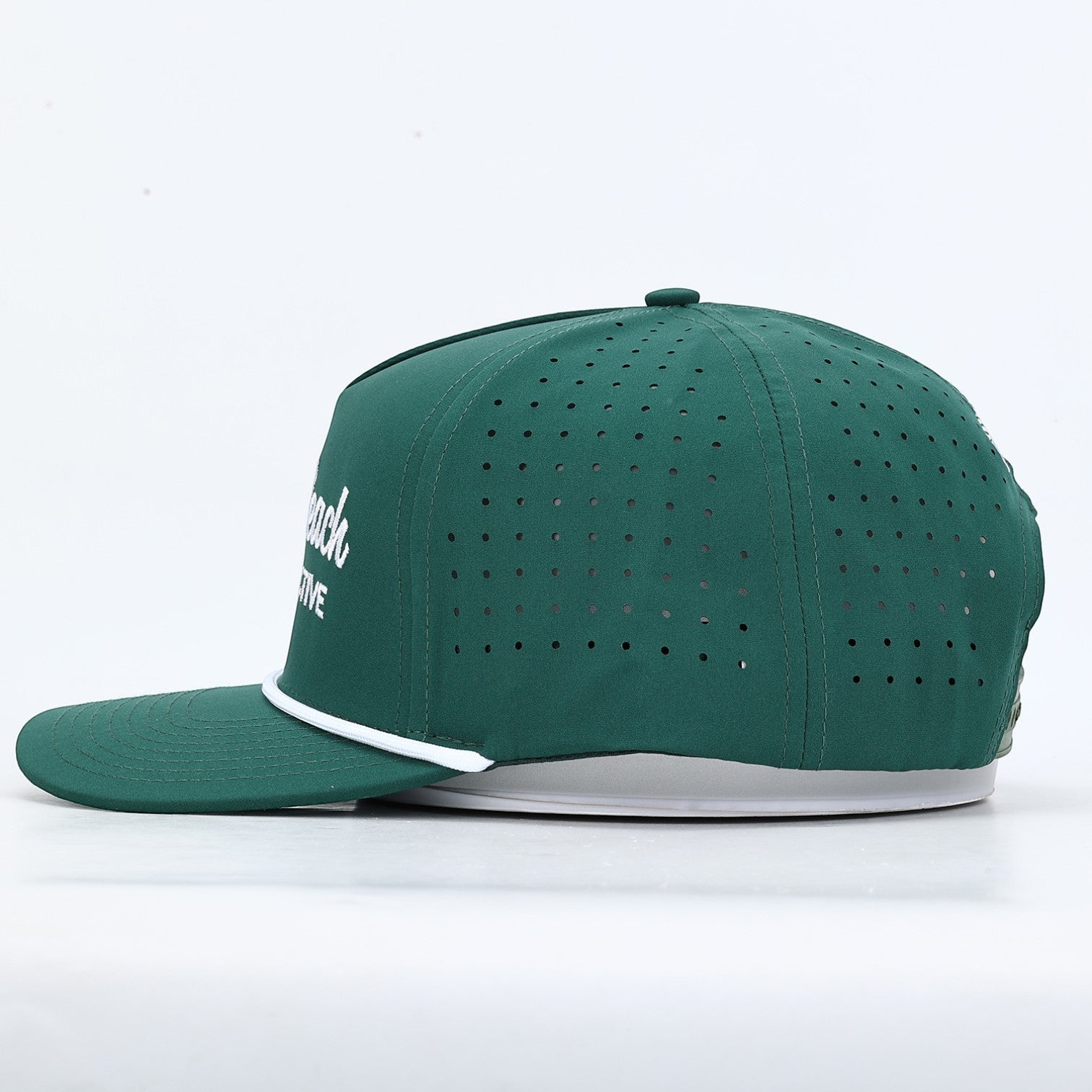 PBGC deep green performance golf rope hat with white rope detail and side view of perforated breathable fabric