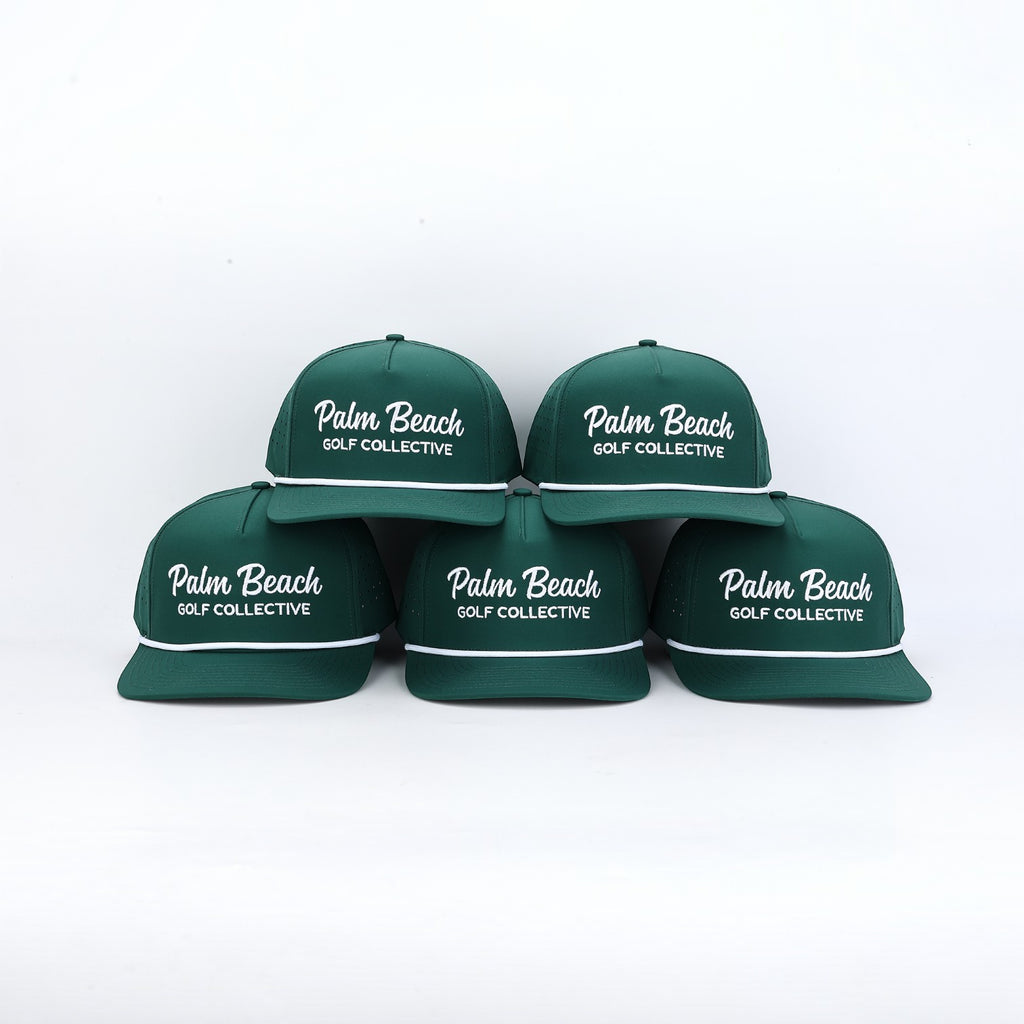 PBGC deep green golf rope hats stacked together featuring white embroidered Palm Beach Golf Collective branding