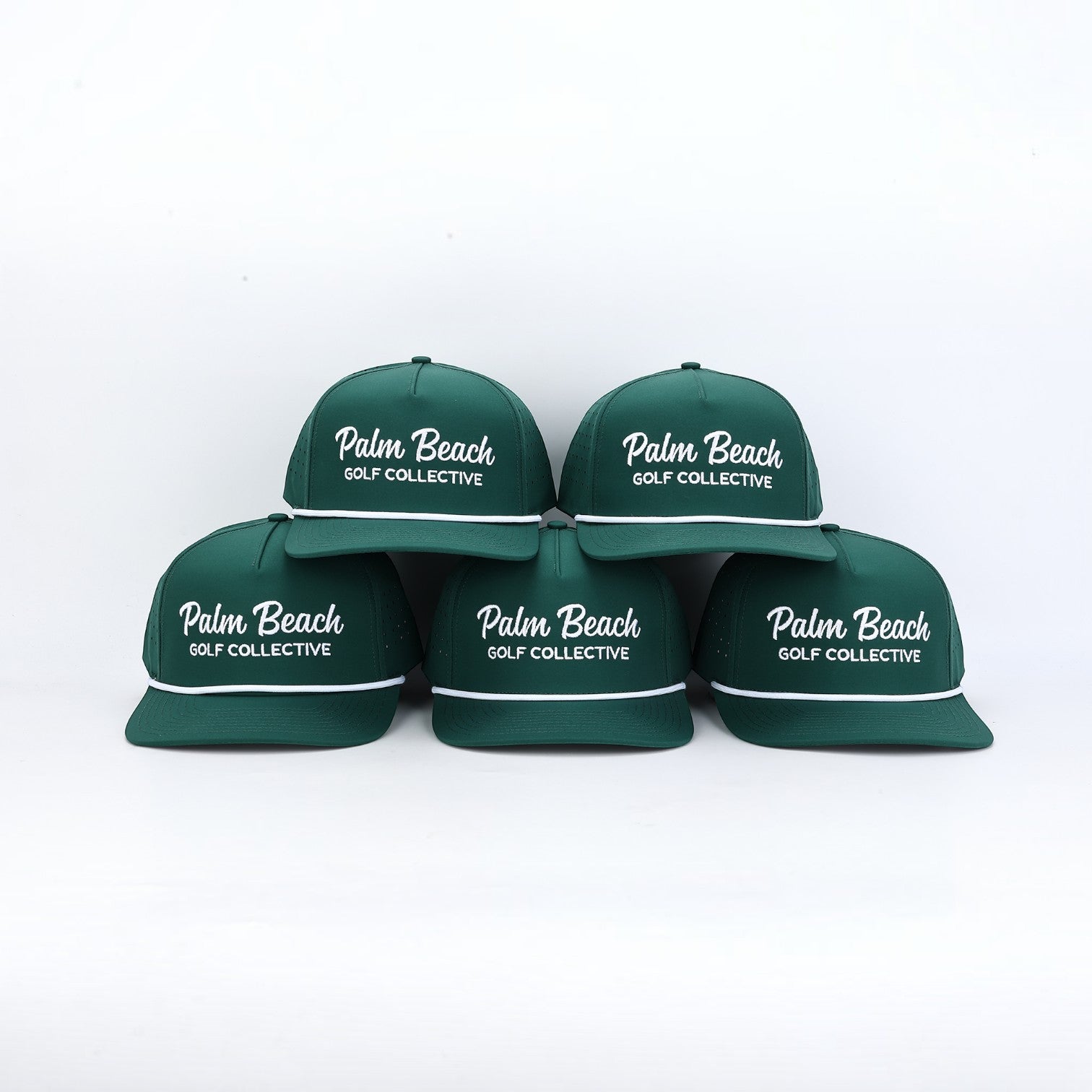 PBGC deep green golf rope hats stacked together featuring white embroidered Palm Beach Golf Collective branding