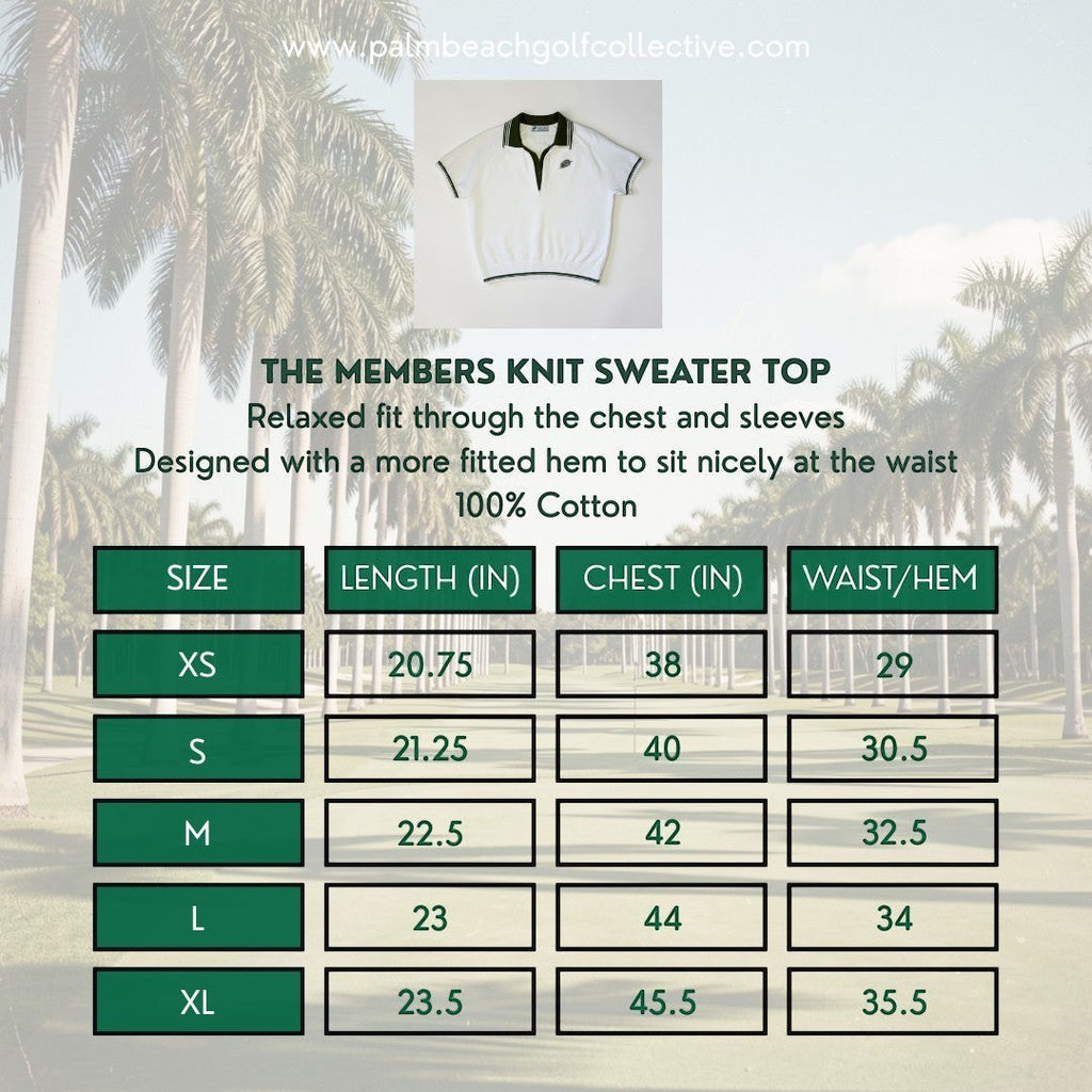 PBGC The Members Knit Sweater Top in white cotton with dark green trim and short sleeves on a size chart background