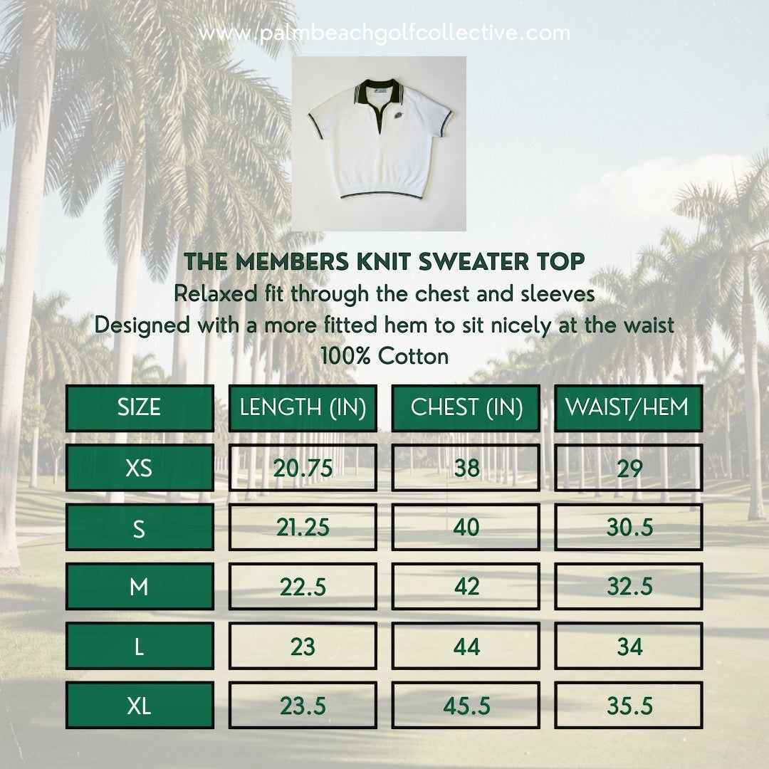 PBGC The Members Knit Sweater Top in white cotton with dark green trim and short sleeves on a size chart background