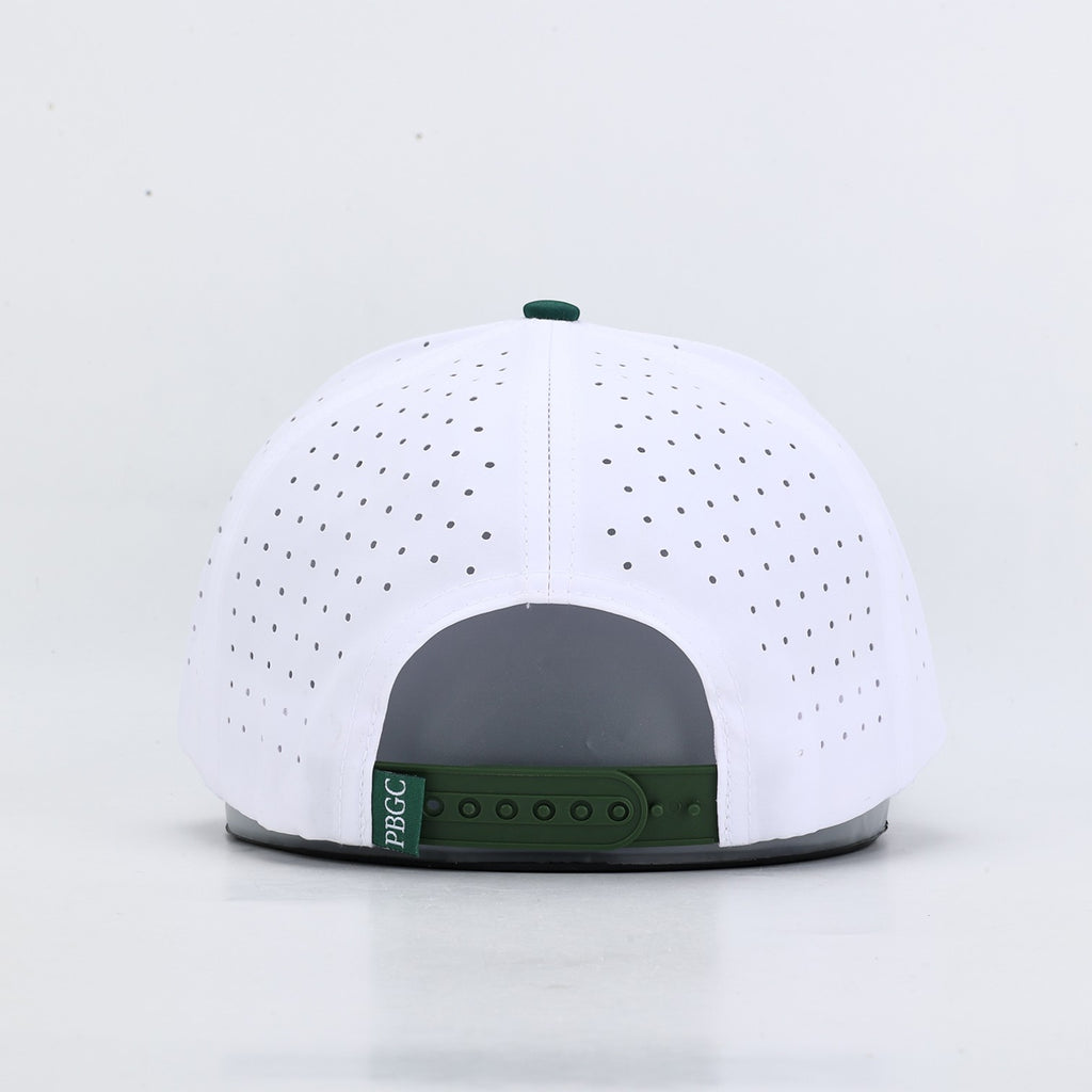 PBGC The Palm Patch Hat featuring a white perforated crown and deep green snapback closure from the rear view.