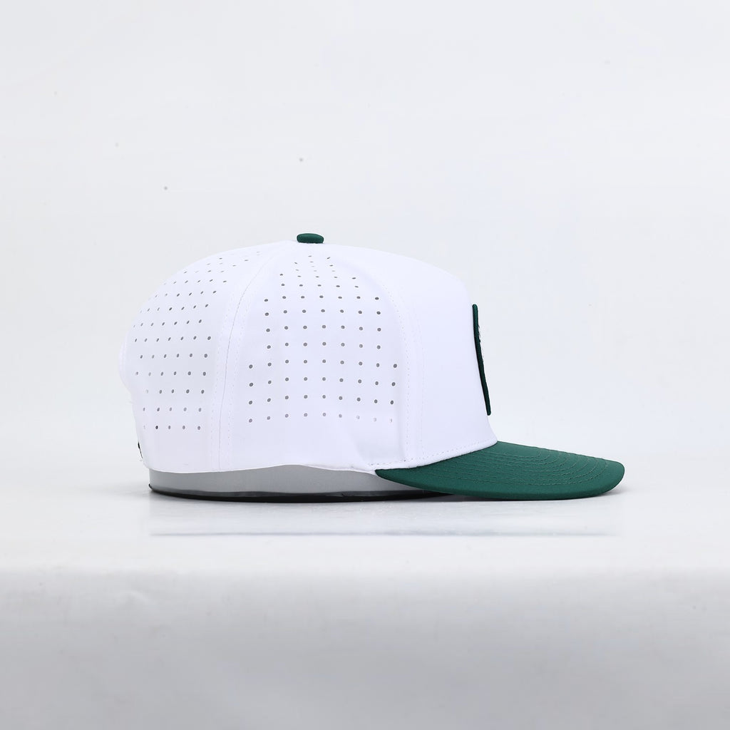 PBGC The Palm Patch Hat featuring a white perforated crown and deep green bill in a side profile view.