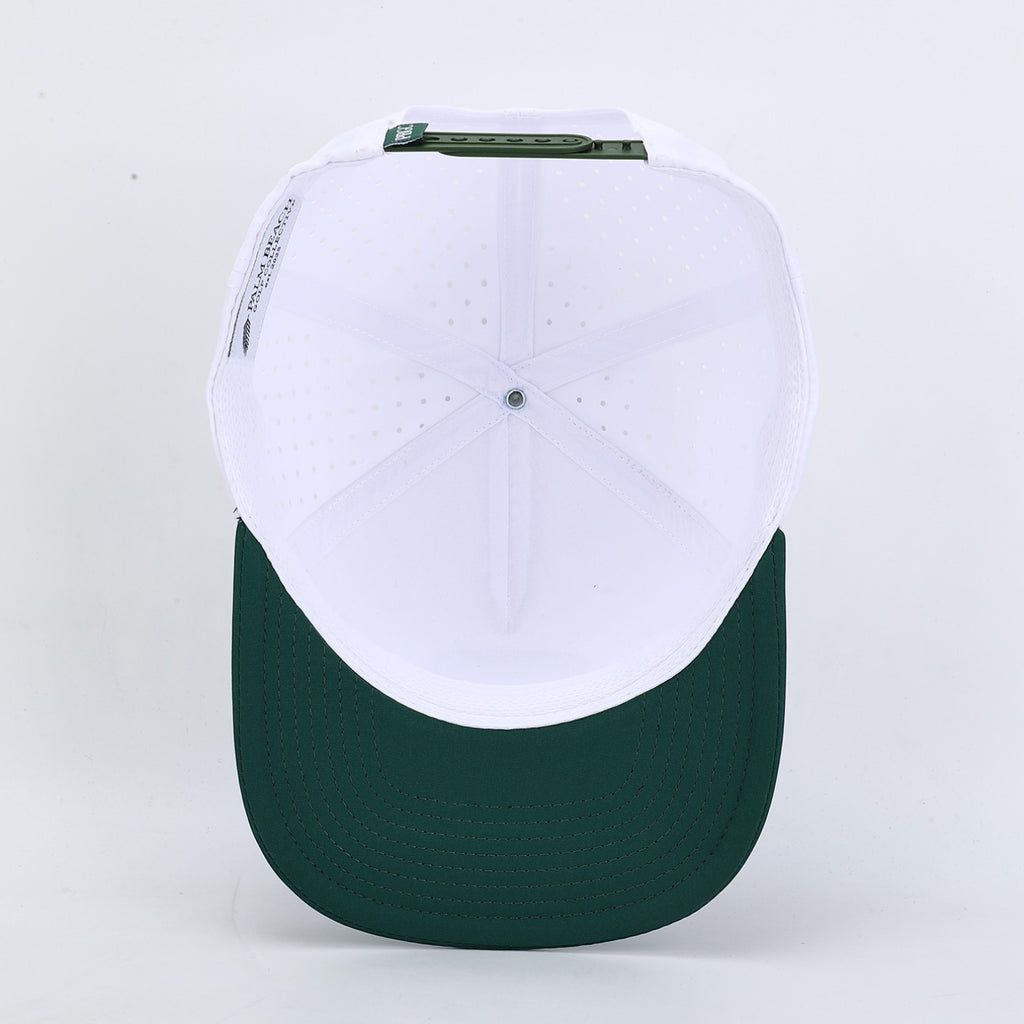 PBGC The Palm Patch Hat with white perforated crown and deep green bill, viewed from above showing snapback closure