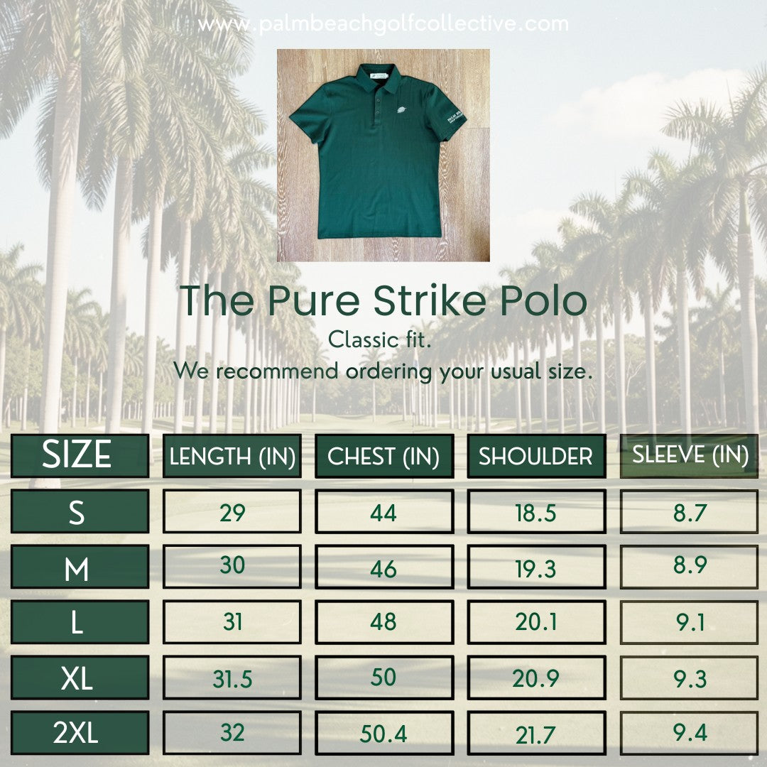 PBGC Pure Strike Polo in dark green with a classic fit, featuring a collar and short sleeves.