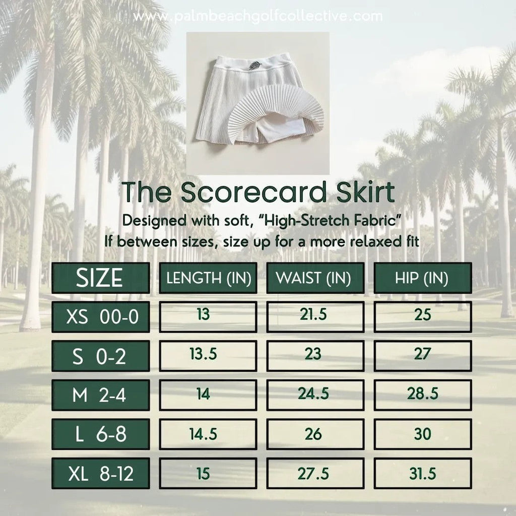 PBGC The Scorecard white pleated athletic skirt with leaf embroidery and size chart for tennis, golf, and pickleball.