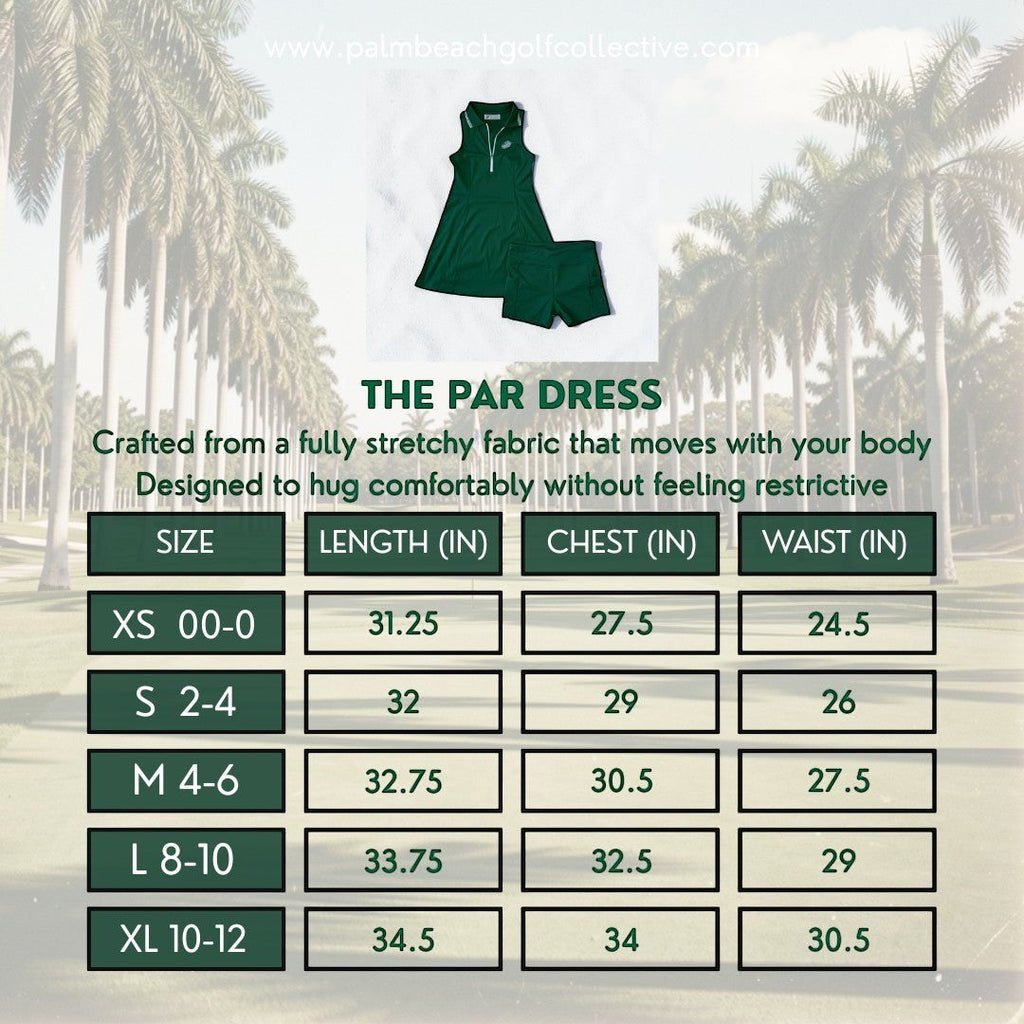 PBGC The Par Dress in dark green with matching athletic shorts and a polo collar, displayed with a size chart.