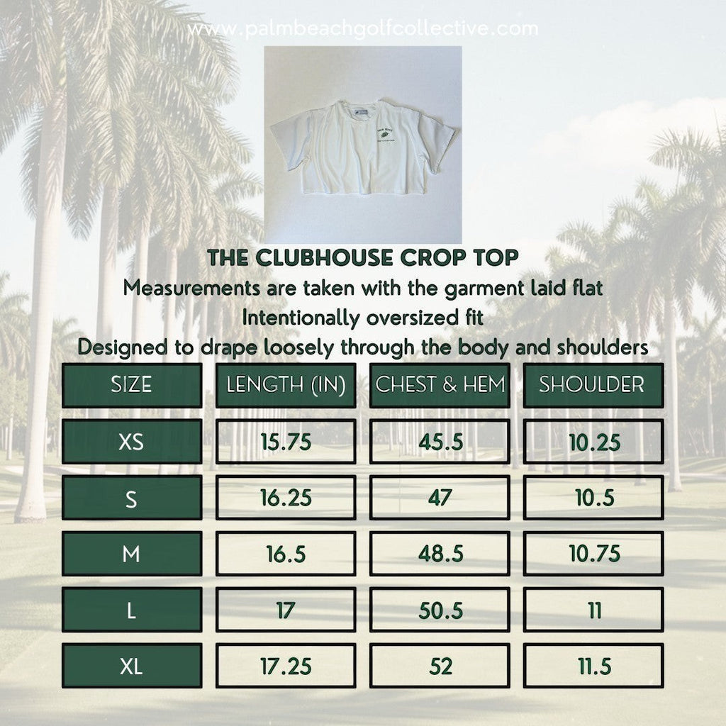PBGC white Clubhouse crop top with a relaxed boxy fit and minimalist chest logo, displayed flat on a size chart.