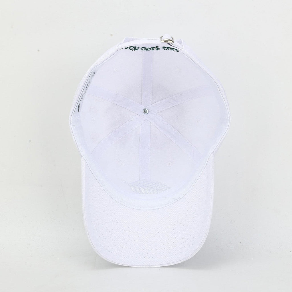 PBGC white cotton twill baseball cap with tonal fern embroidery and adjustable metal strap back view