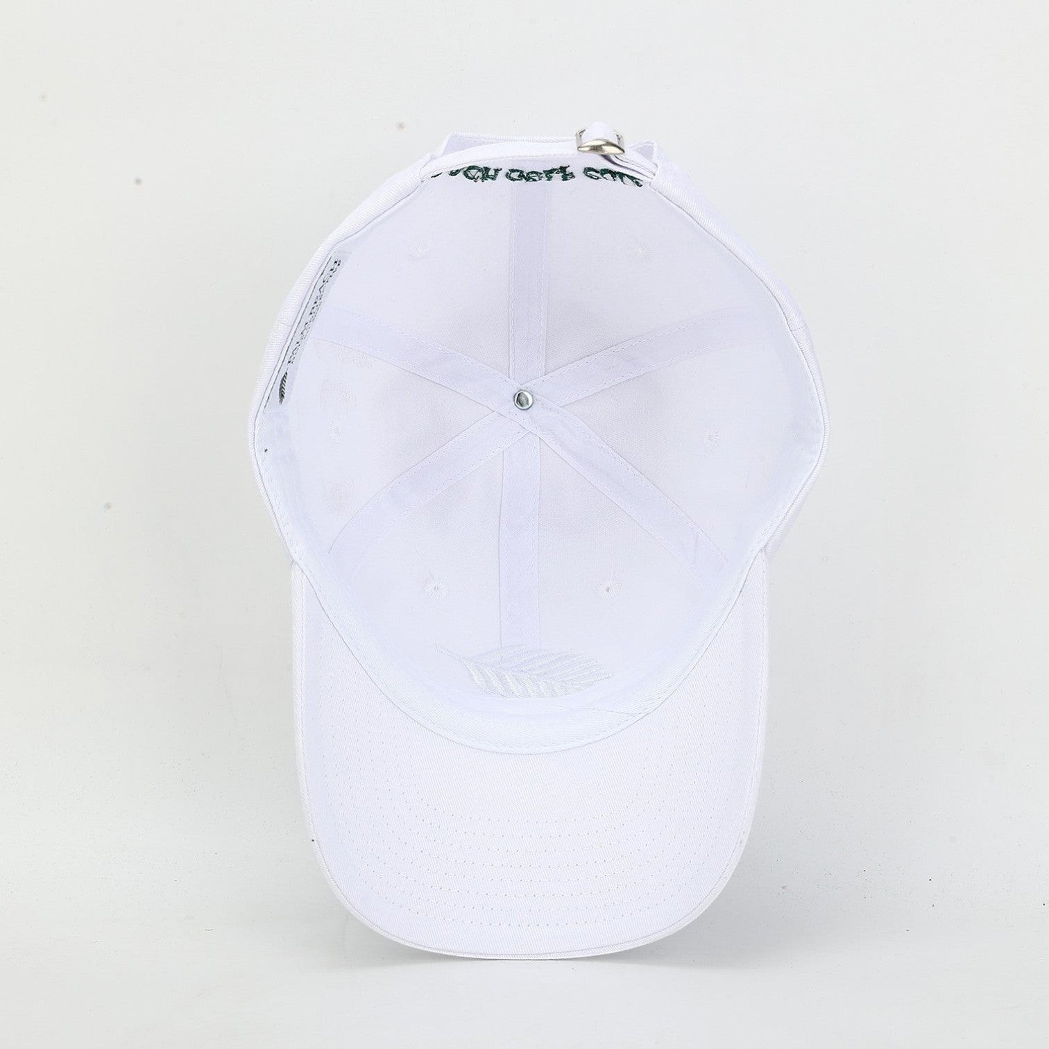 PBGC white cotton twill baseball cap with tonal fern embroidery and adjustable metal strap back view