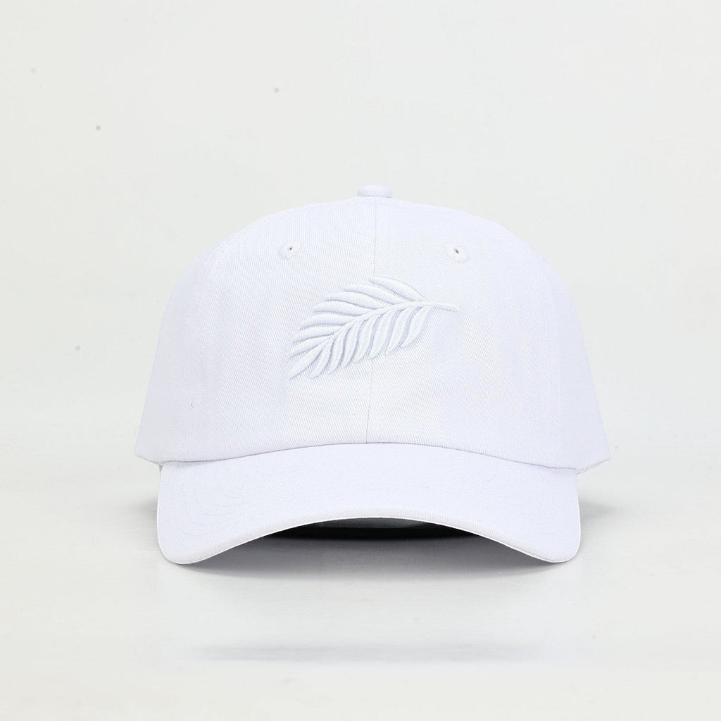 PBGC white cotton twill baseball cap featuring a tonal embroidered fern leaf detail on the front