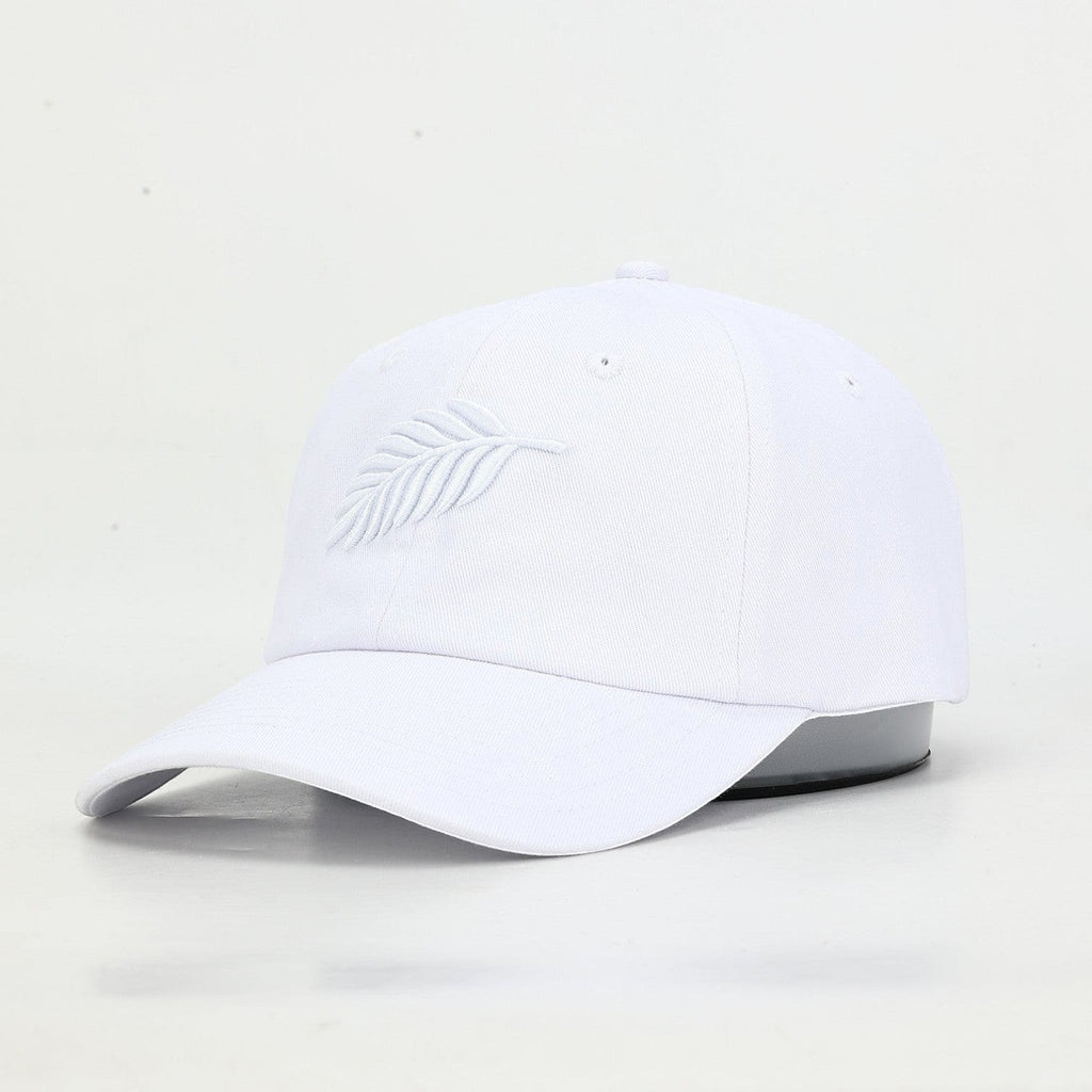 PBGC white cotton twill baseball cap with tonal embroidered fern leaf detail and classic six-panel construction.