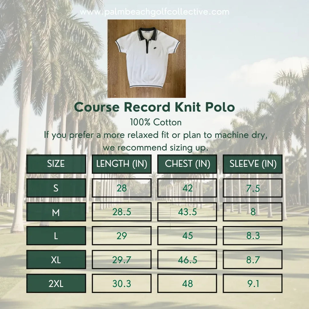 PBGC Course Record white knit polo shirt with olive green striped collar and palm leaf chest embroidery