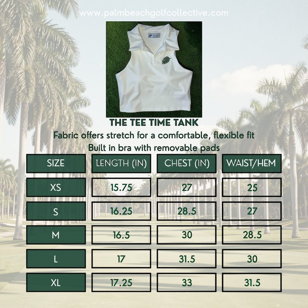 PBGC white cropped sleeveless golf polo with collar, V-neck placket, and embroidered palm leaf detail on chest.