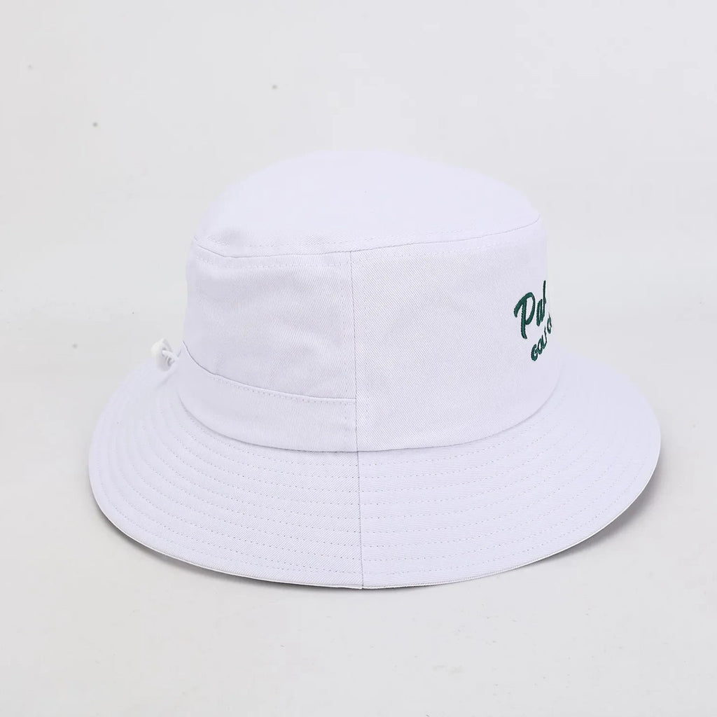 PBGC white bucket hat with green embroidered logo, featuring breathable fabric for golf sun protection.