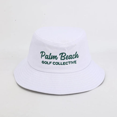 PBGC white bucket hat with green Palm Beach Golf Collective embroidery for sun protection on the golf course.