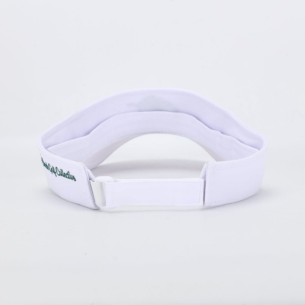 PBGC The Island Visor in white with adjustable strap and green embroidered logo detail on the side