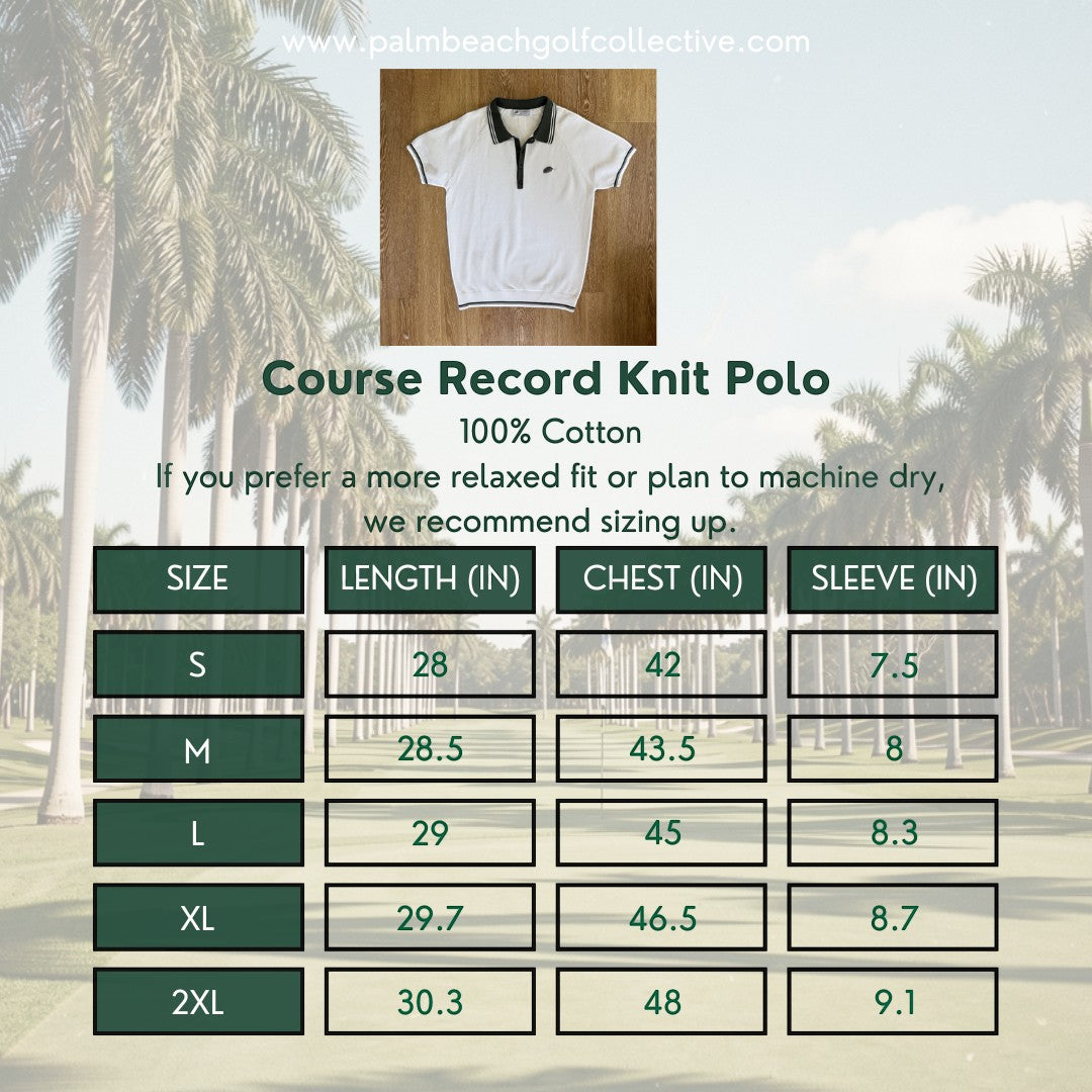PBGC white cotton knit polo shirt with olive green collar and placket, featuring palm leaf embroidery on the chest.