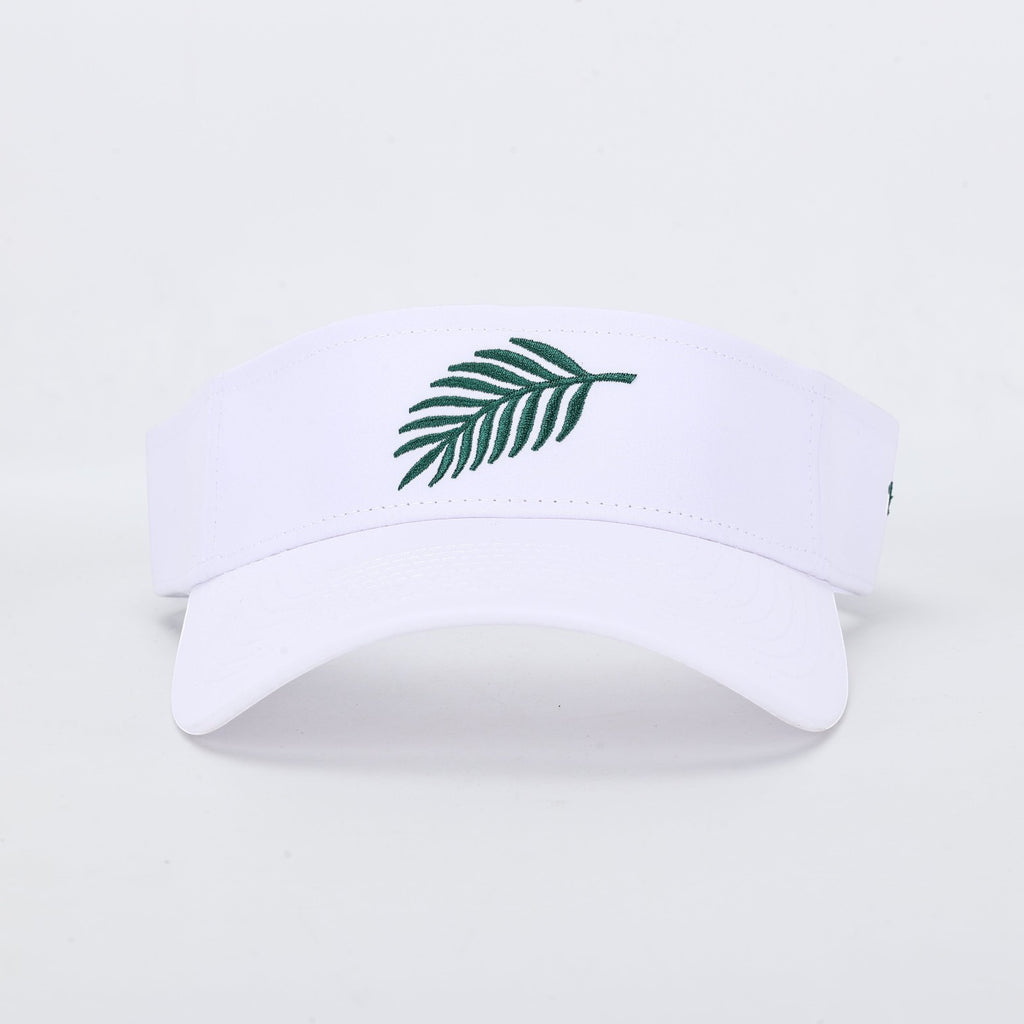 PBGC The Island Visor in white featuring a green embroidered palm leaf design on the front