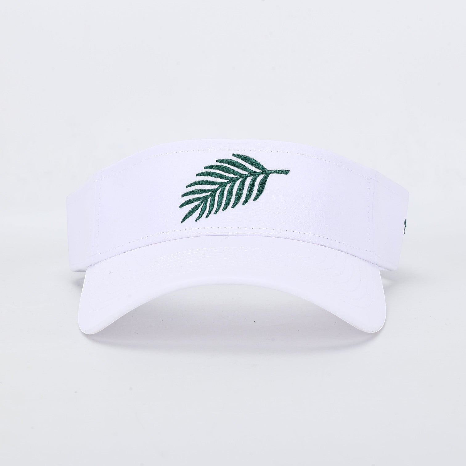 PBGC The Island Visor in white featuring a green embroidered palm leaf design on the front