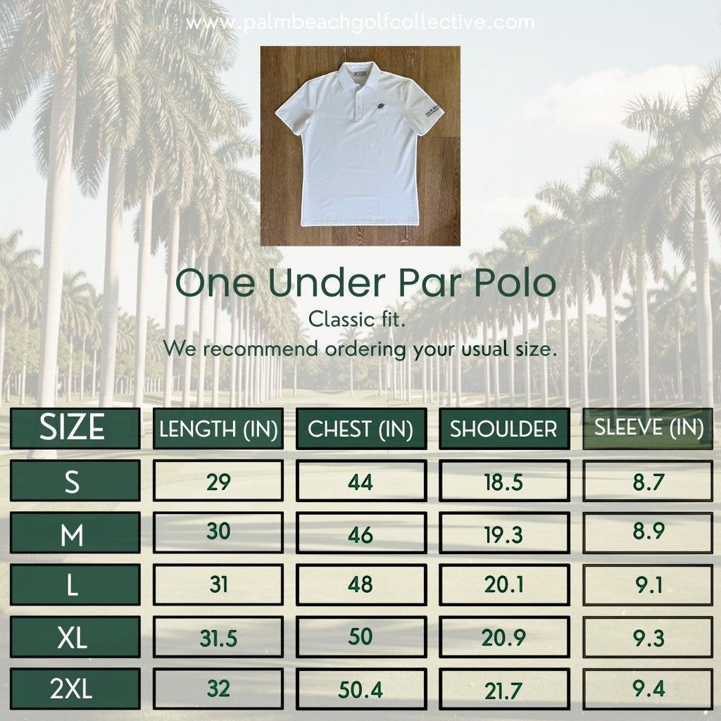 PBGC One Under Par white performance golf polo shirt with palm leaf logo and structured collar