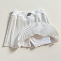 PBGC white pleated athletic skirt with high waist, leaf embroidery, and integrated inner shorts for tennis or golf.