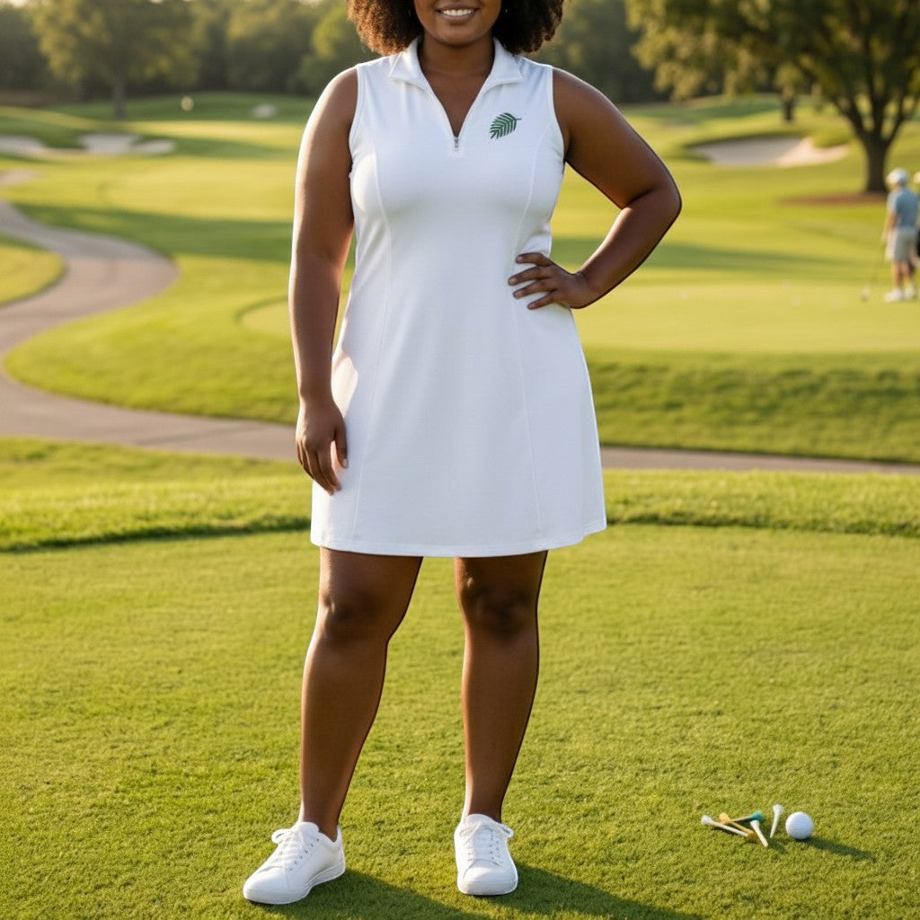 PBGC white sleeveless Caddie Dress with quarter-zip neckline and palm logo, worn by a model on a golf course.